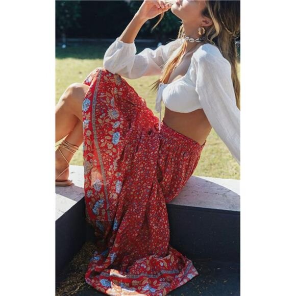 Womens 2024 Bohemian Floral Printed Elastic Waist A Line Maxi Skirt with Pockets - Picture 6 of 7